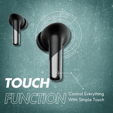 Close-up of earbuds showing dual microphones with Active Environmental Noise Cancellation for clear calls